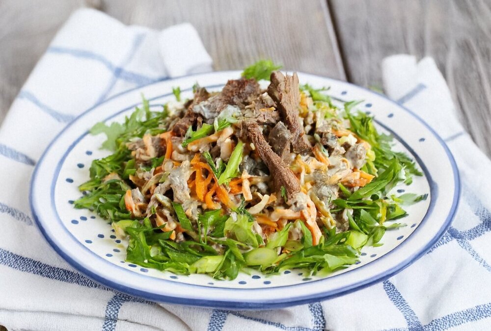 Beef Heart Salad with Pickled Cucumbers and Onions
