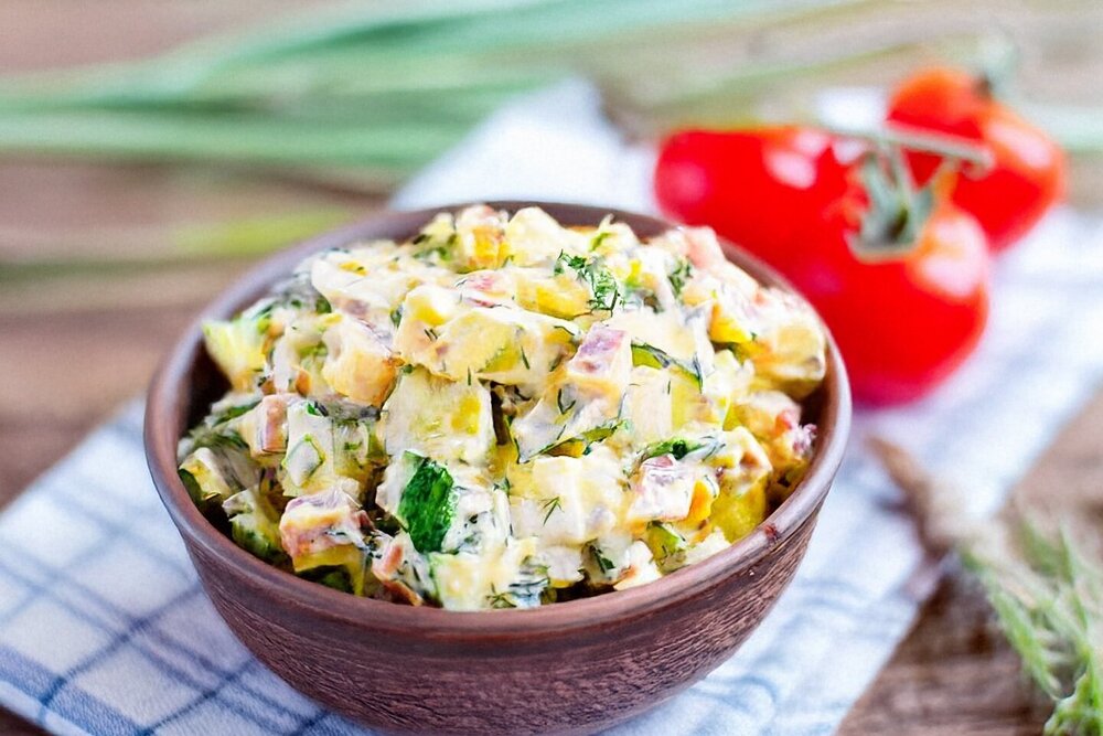 Salad with Sausage, Fresh Cucumbers, and Eggs