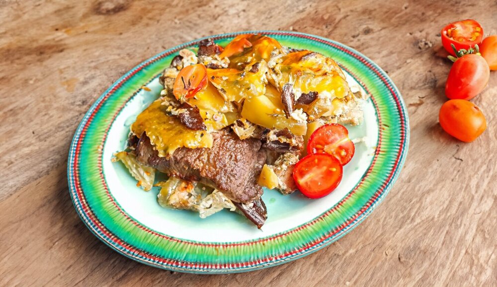 Baked Meat with Eggplant and Potatoes