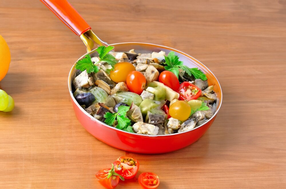 Eggplant Like Mushrooms in a Pan with Egg