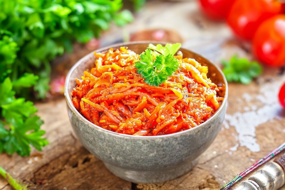 Onions with Tomato Paste and Carrots in a Skillet