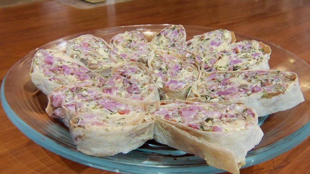 Lavash Roll with Smoked Meat, Mushrooms, and Mayonnaise